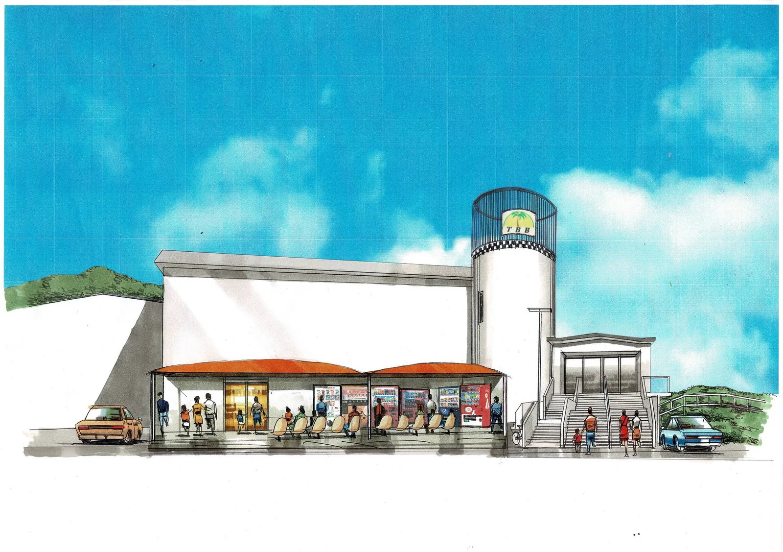 Illustration recreating the Bowling Alley entrance of Takahagi Beach Garden back in the day