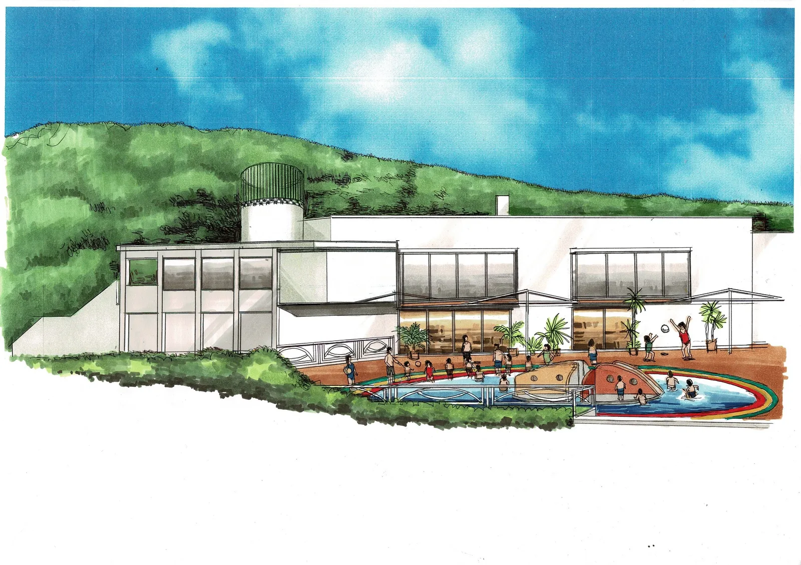 Illustration recreating the lively pool of Takahagi Beach Garden back in the day